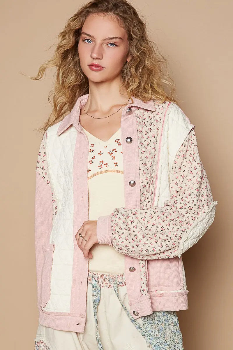 POL Floral Exposed Seam Button Up Quilted Jacket Trendsi