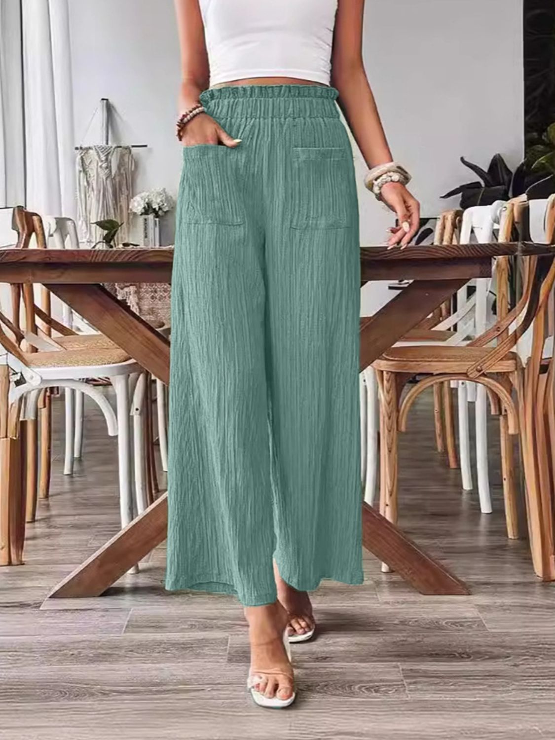 Pocketed Elastic Waist Wide Leg Pants Trendsi