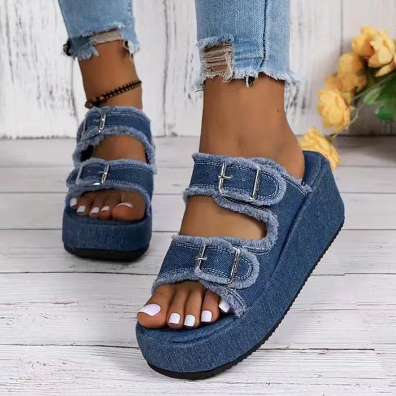 Fashion Denim Buckle Wedges Sandals Summer Outdoor High Heel Slippers Thick Bottom Camouflage Shoes For Women ARZ