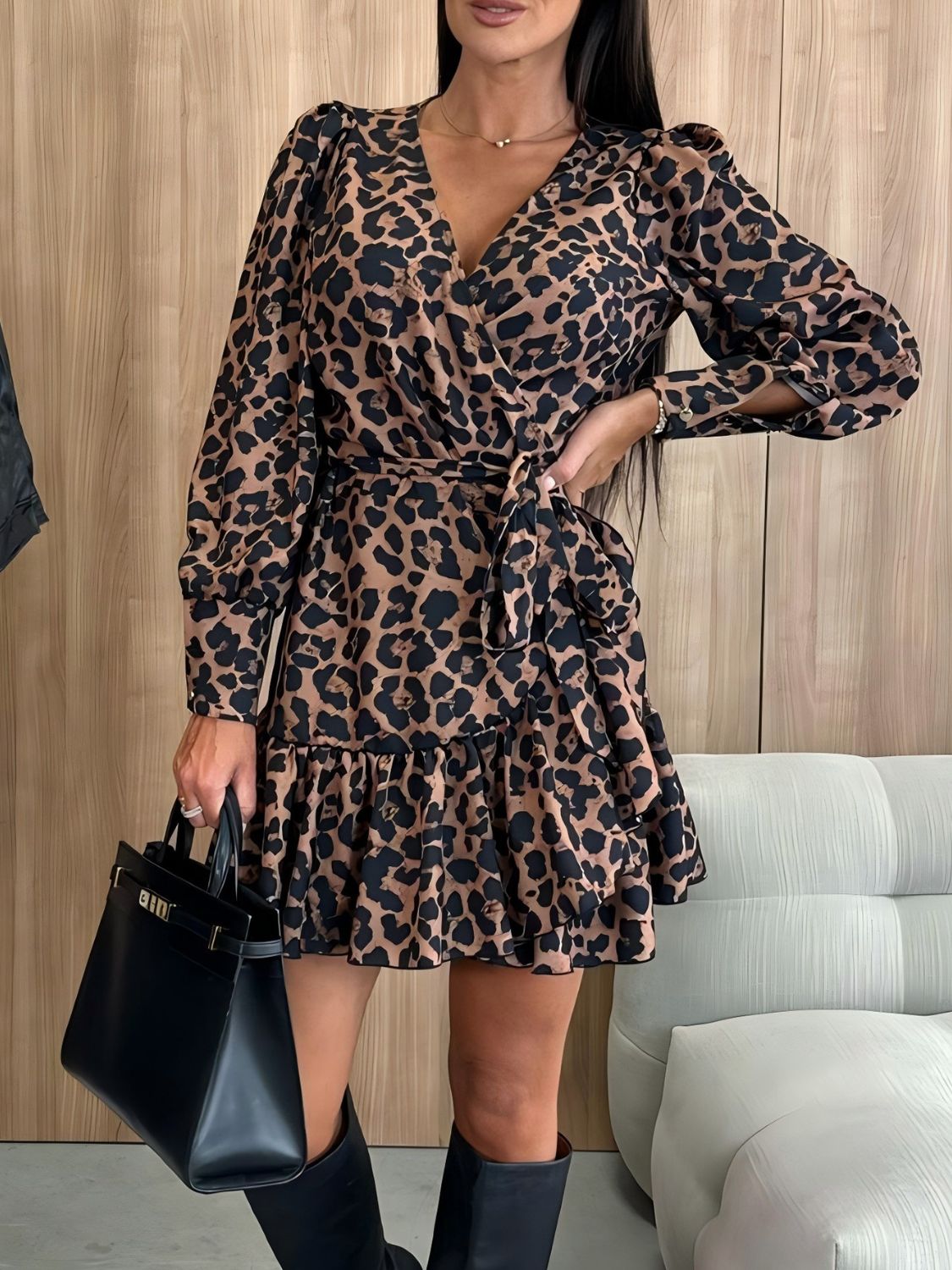 Tied Leopard Surplice Long Sleeve Dress Trendsi