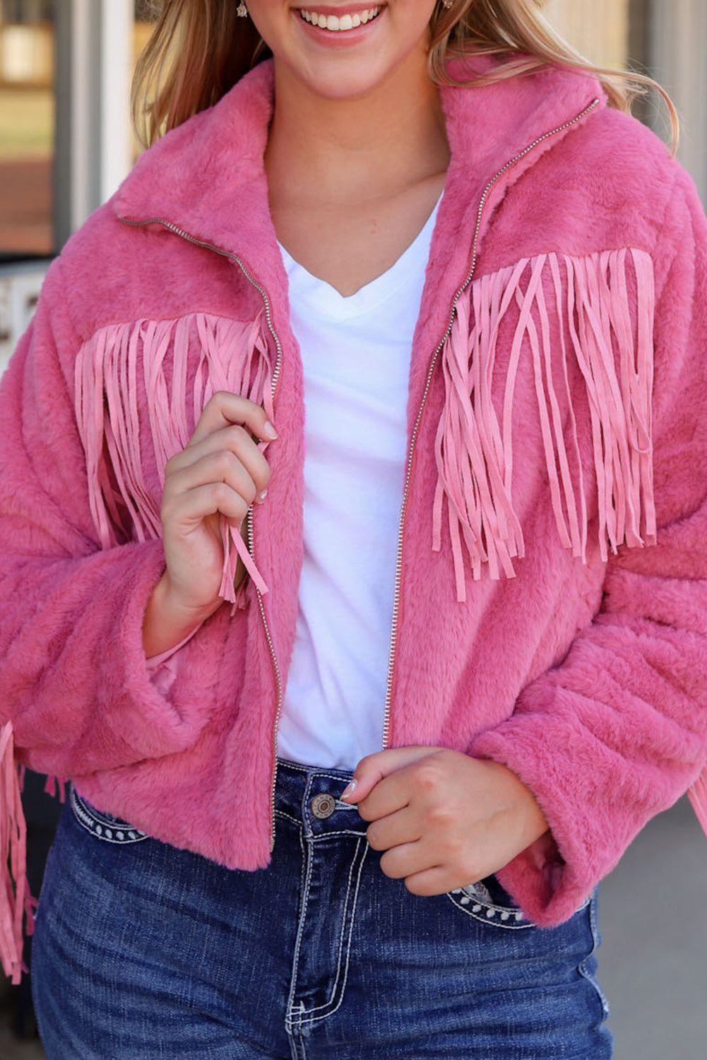 Fringed Zip Up Fleece Jacket Trendsi