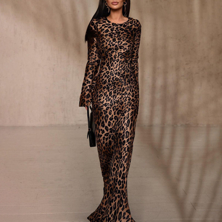 Round Neck Leopard Print High Waist Slim Fit Dress ARZ