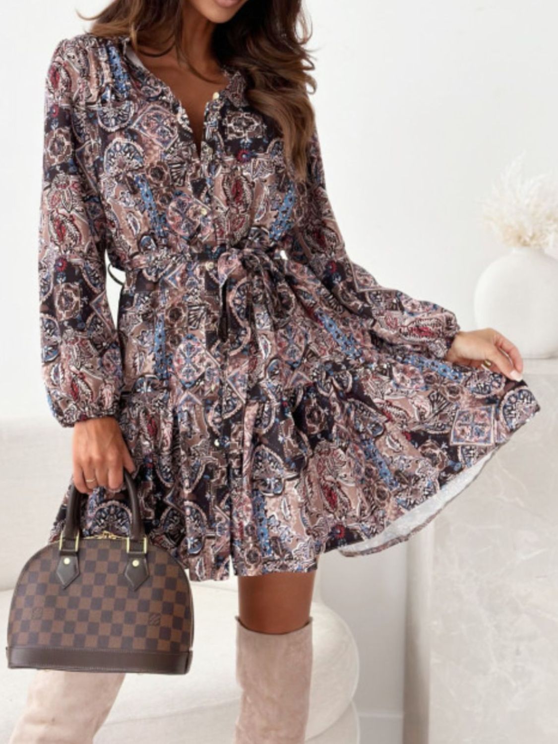 Ruffle Hem Floral Long Sleeve Dress Trendsi