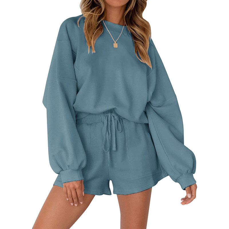 Casual Sports Sweatshirt Suits Loose Pullover Top And Drawstring Shorts Two-piece Set Womens Clothing ARZ