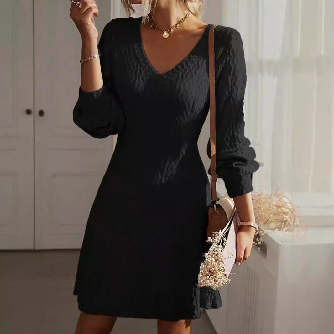 V-neck Textured Long Sleeve Elegant Dress ARZ