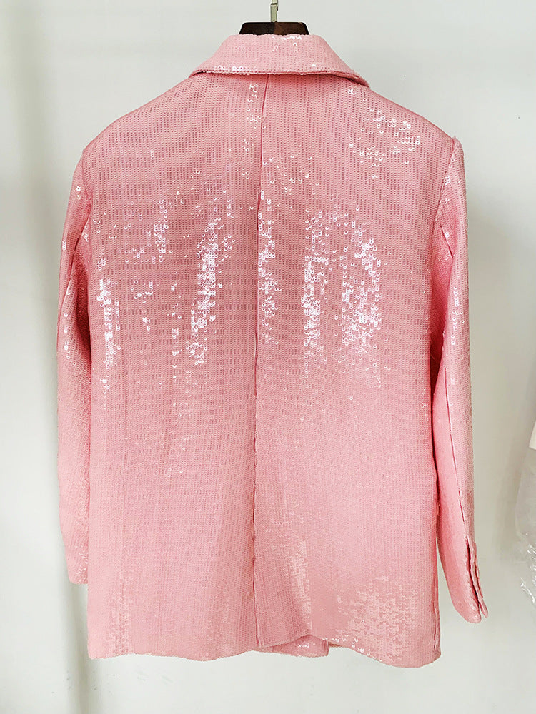 Women's Fashionable Double-breasted Loose Lotus Root Pink Sequined Blazer ARZ