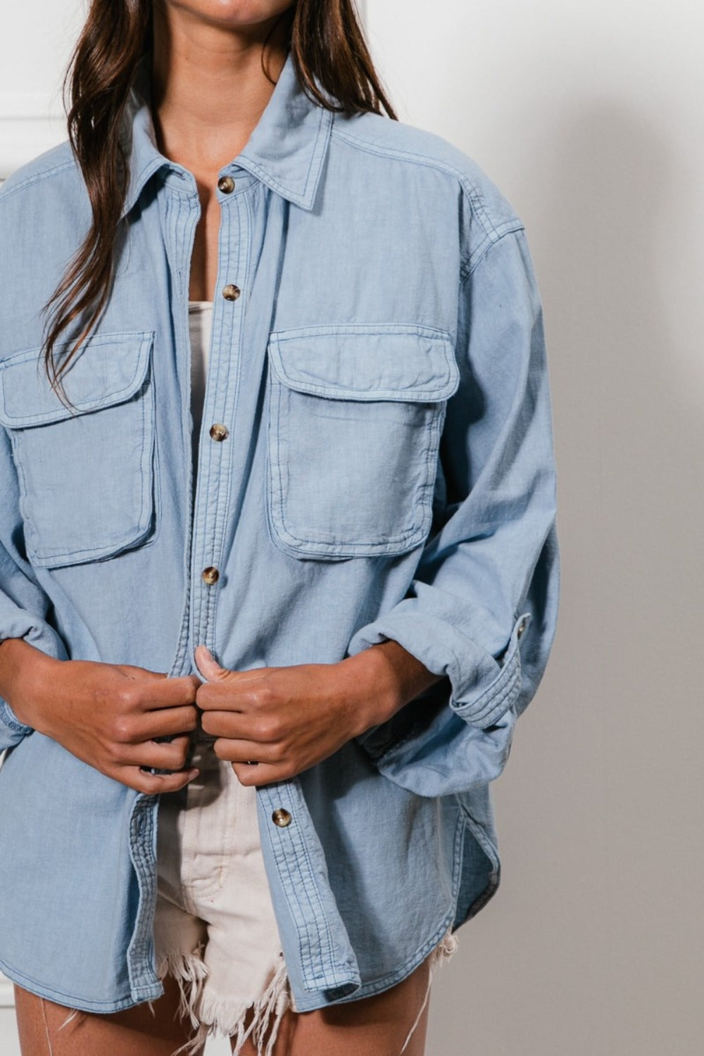 BiBi Button Down Stitch Detail Shirt with Chest Pockets Trendsi