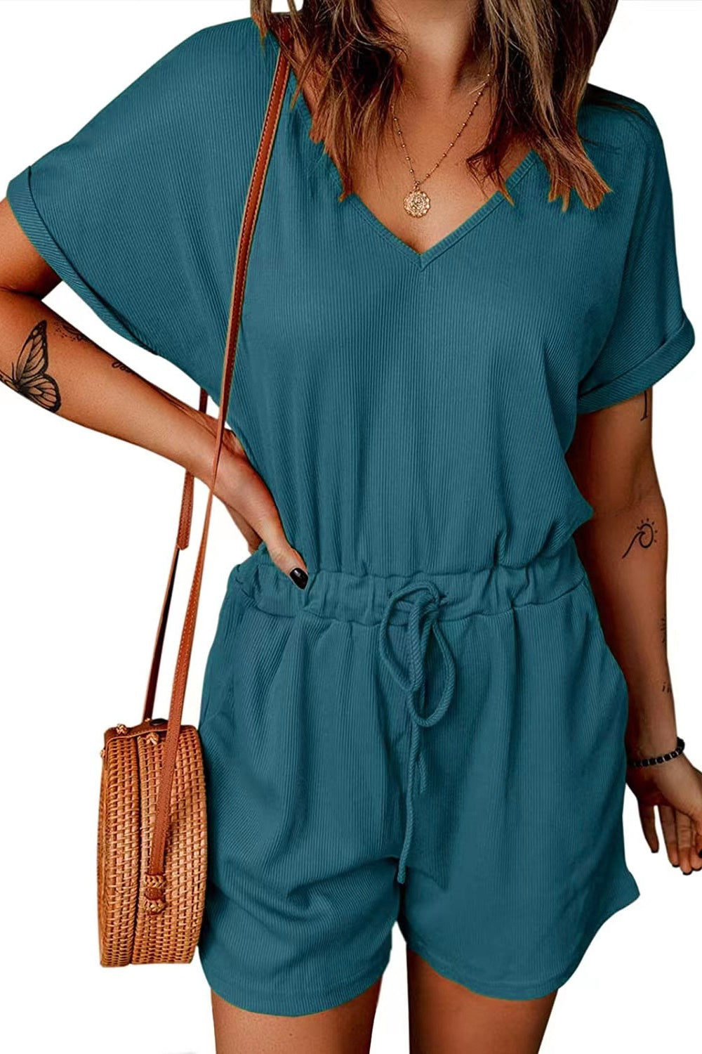 Full Size Drawstring V-Neck Short Sleeve Romper Trendsi