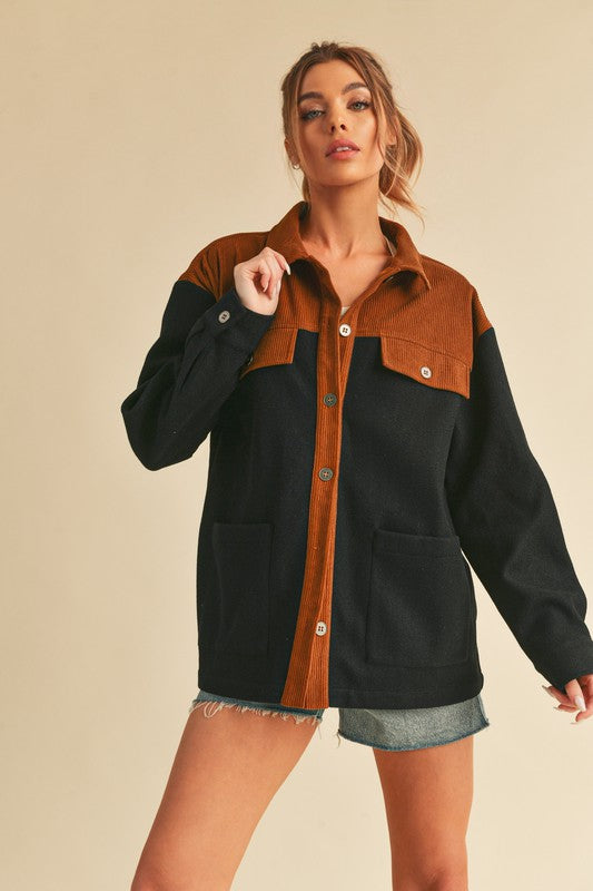 Aemi + Co Two Tone Button Up Jacket with Pockets Trendsi