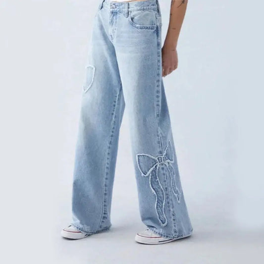 Women's Straight Trousers Embroidered Side Frayed Butterfly Jeans Street Design Hot Girl Baggy Pants ARZ