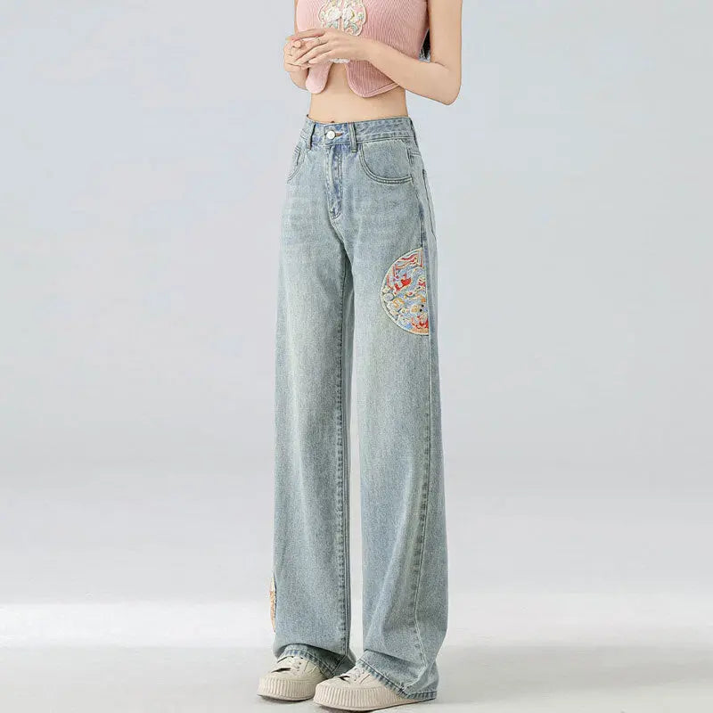 High Waist Straight Niche Design Embroidered Mopping Wide Leg Trousers ARZ