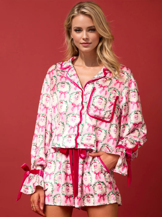 Tied Printed Collared Neck Long Sleeve Top and Shorts Set Trendsi