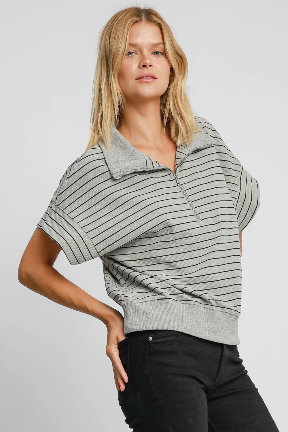 Umgee Striped Half Zip Short Sleeve Sweatshirt Trendsi