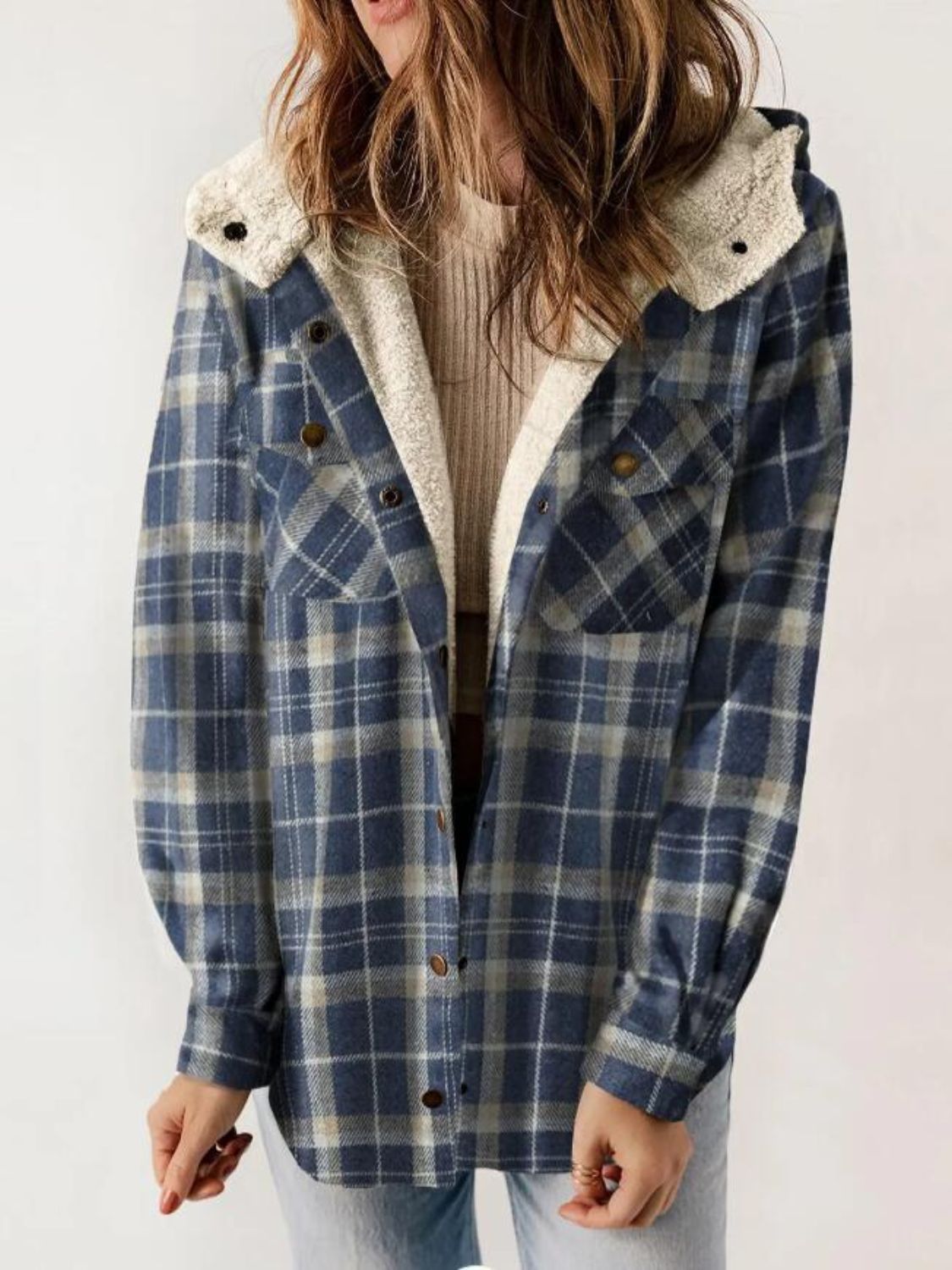 Plaid Snap Down Plush Hooded Jacket Trendsi