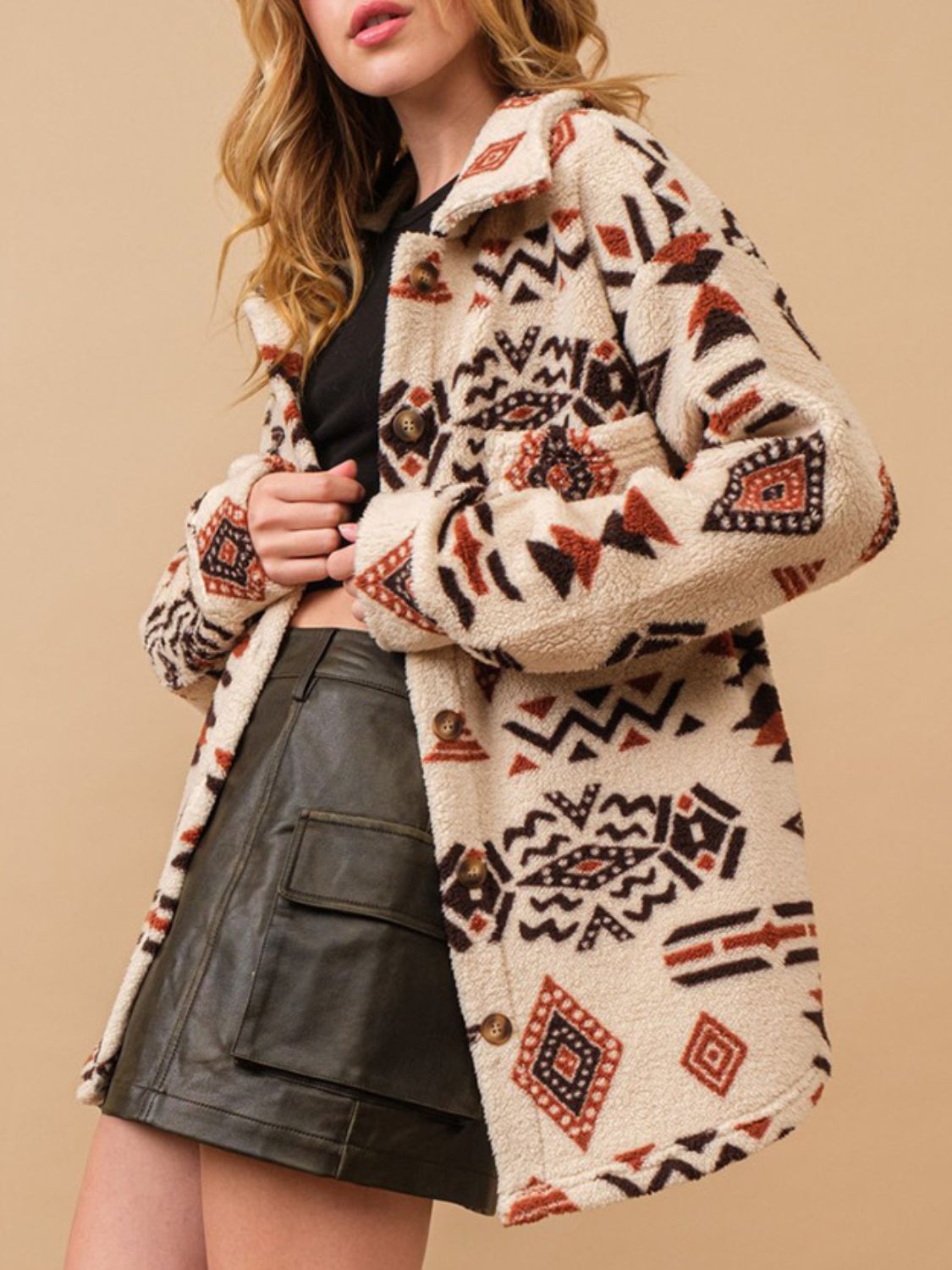 Geometric Button Up Long Sleeve Sherpa Jacket Trendsi