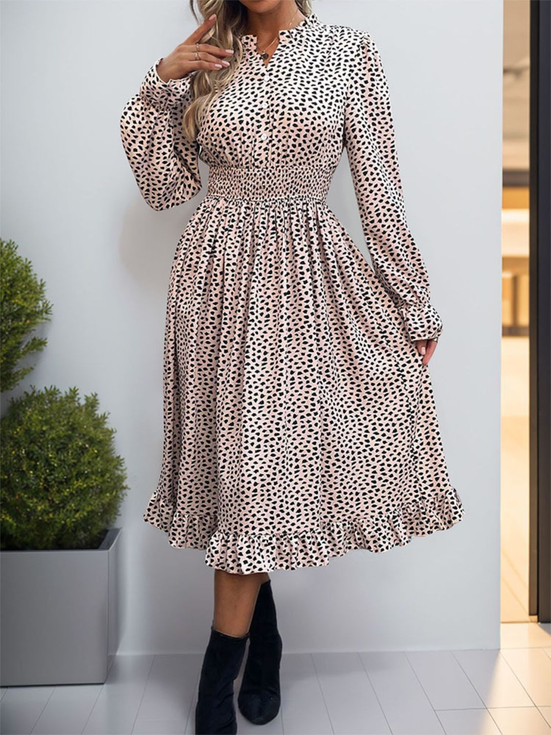 Perfee Ruched Ruffled Leopard Long Sleeve Dress Trendsi