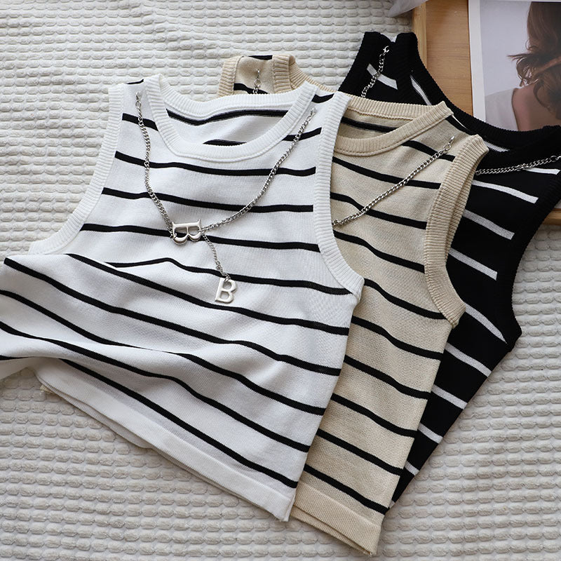 Summer Clothing New Korean Style Women's Contrast Color Striped Round Neck Vest Letter Chain Short Inner ARZ