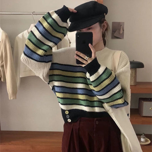 Color Vintage Stripe Crew Neck Pullover Sweater Contrast Color Knitwear ARZ