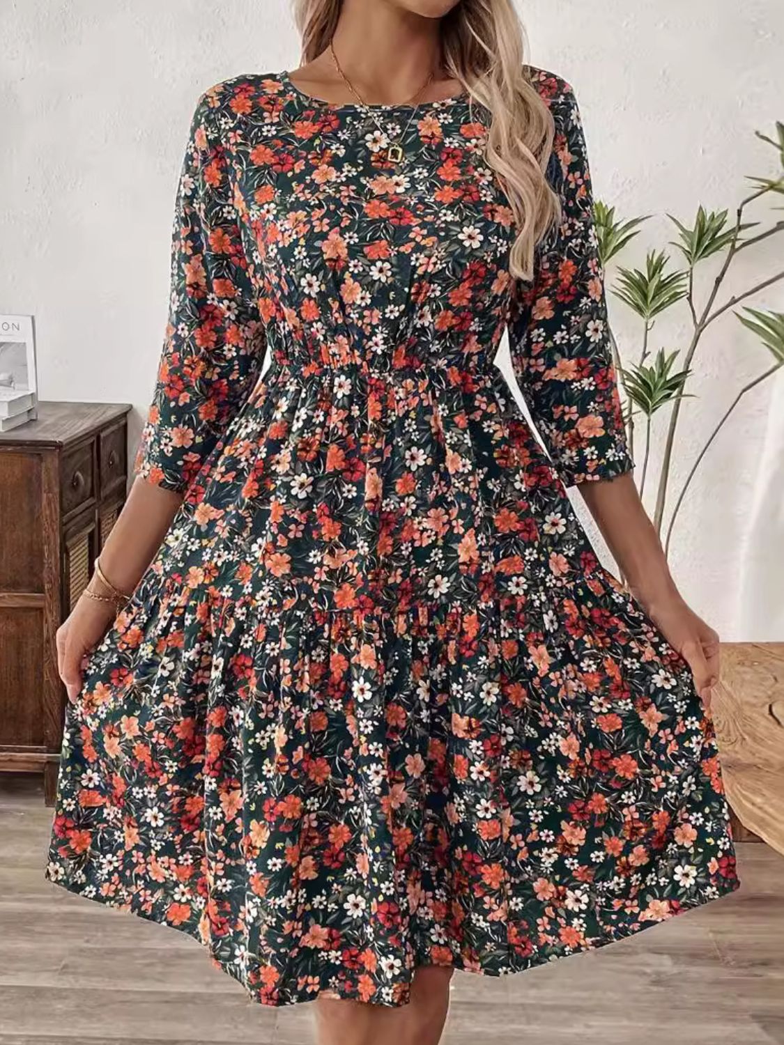 Frill Floral Round Neck Dress Trendsi