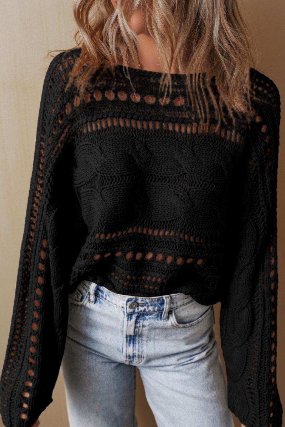 Openwork Cable Knit Long Sleeve Sweater Trendsi