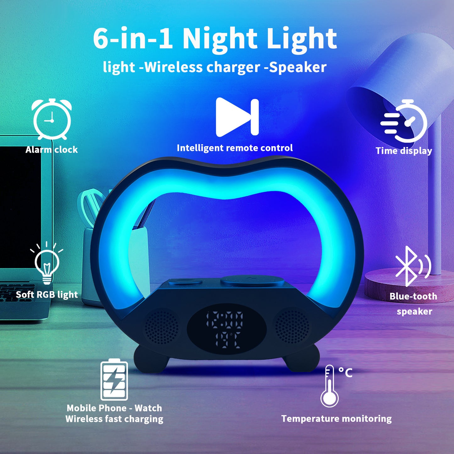 2024 New 6 In 1 Smart Remote Control Bluetooth Ambience Intelligent LED Table Lamp Multi-function Wireless Charger Night Light Bluetooth Speaker ARZ