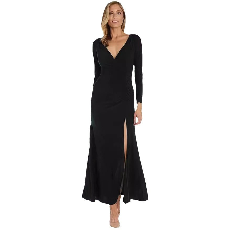 Skinny V-neck Pleated Long Sleeve Dress ARZ