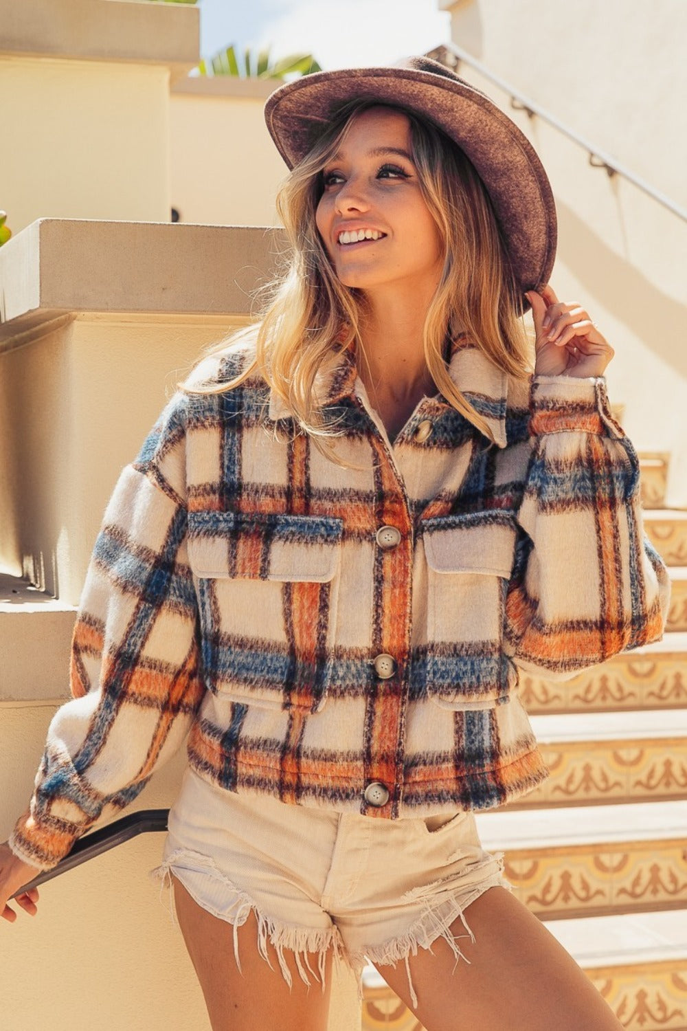 BiBi Brushed Plaid Crop Jacket with Pockets Trendsi