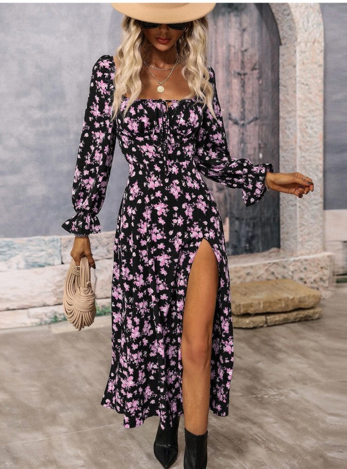 Flowers Printing Long Sleeve Dress Fashion Square-neck Bottom Slit Dresses Womens  Clothing ARZ