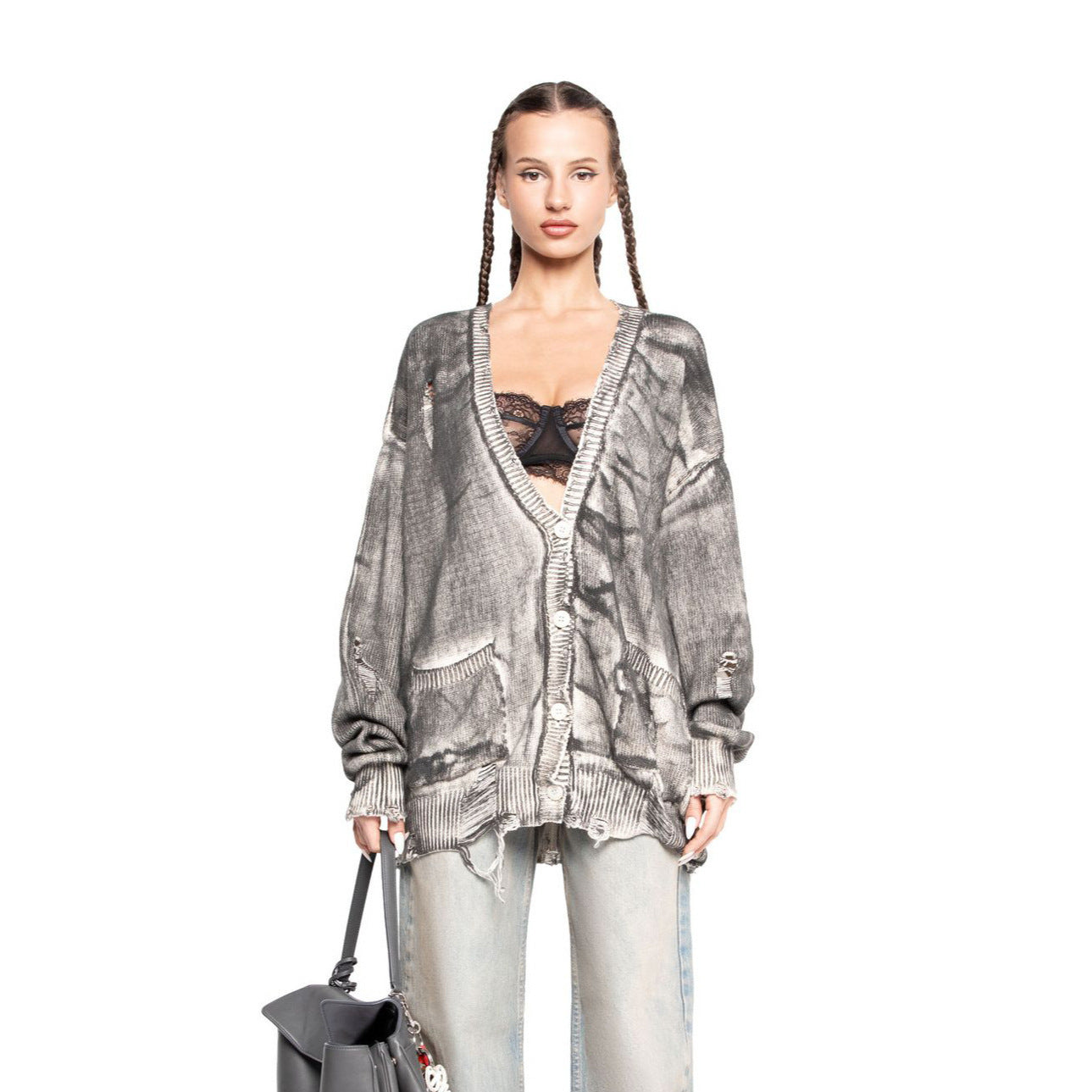 Vintage Tie-dyed Distressed Woolen Coat Women's Cardigan ARZ