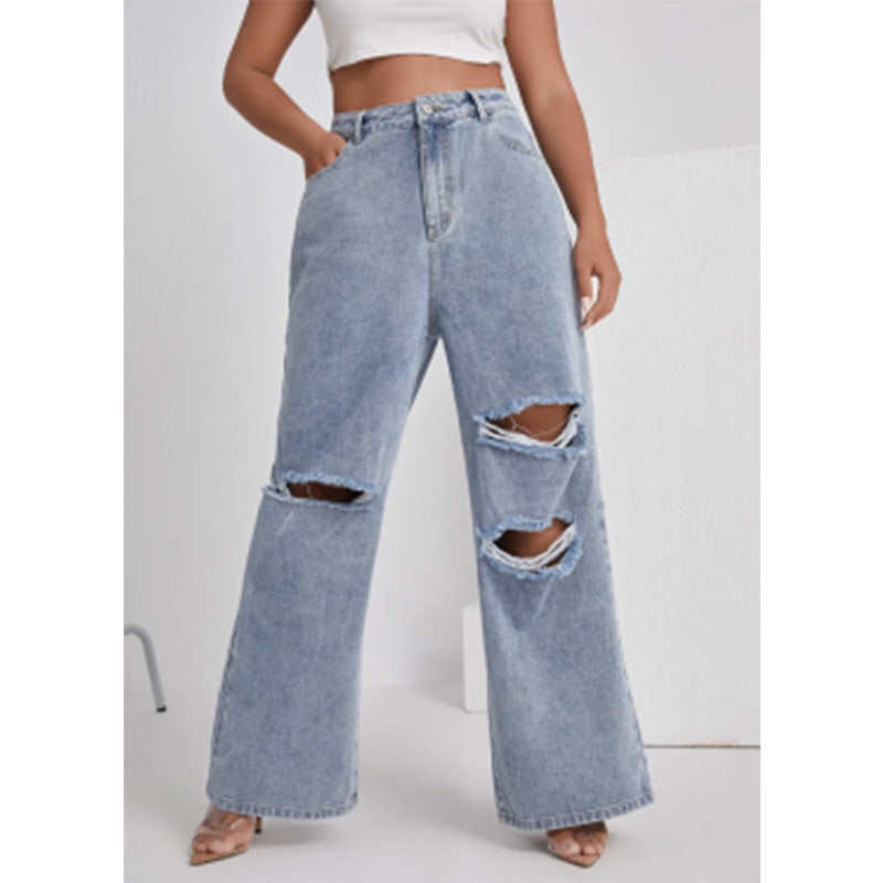 Women's Denim With Hole High Waist Straight-leg Pants ARZ