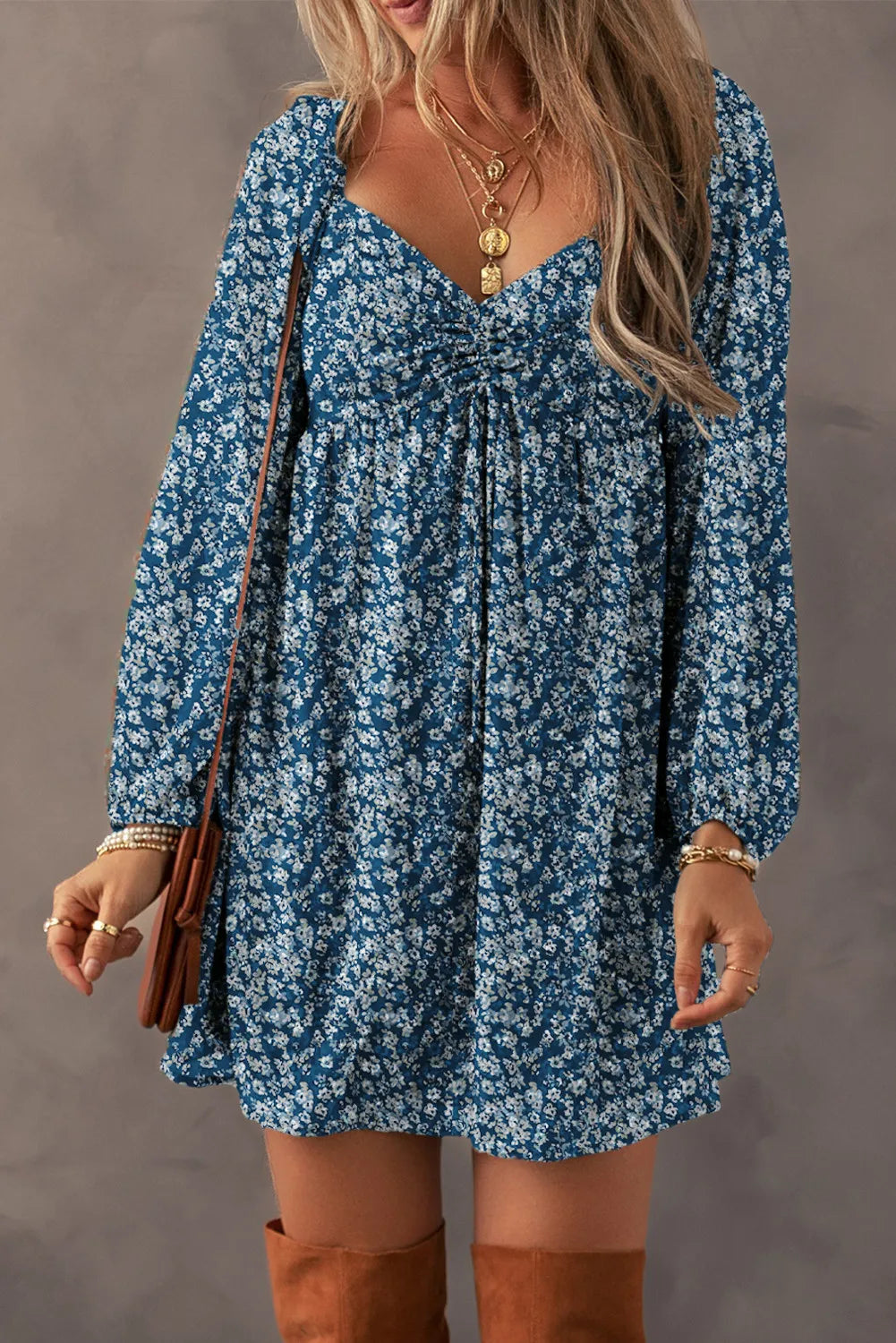 Ruched Printed Long Sleeve Mini Dress Trendsi