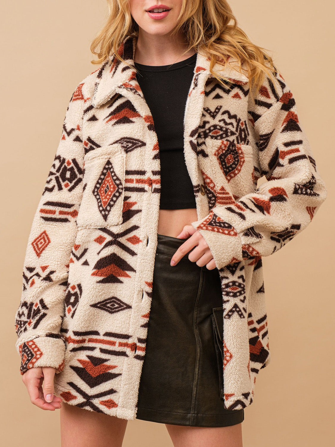 Geometric Button Up Long Sleeve Sherpa Jacket Trendsi