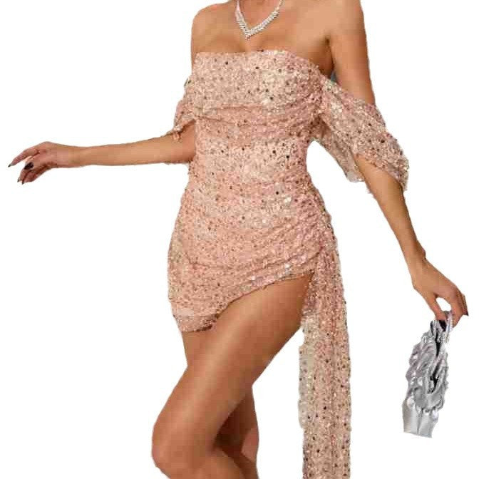 Off-shoulder Sequins Sexy Pleated Dress ARZ