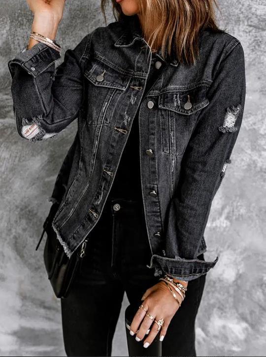 Female Creative Perforated Denim Long Sleeved Shirt ARZ