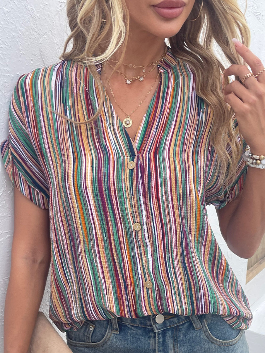 Shiny Striped Notched Short Sleeve Blouse Trendsi