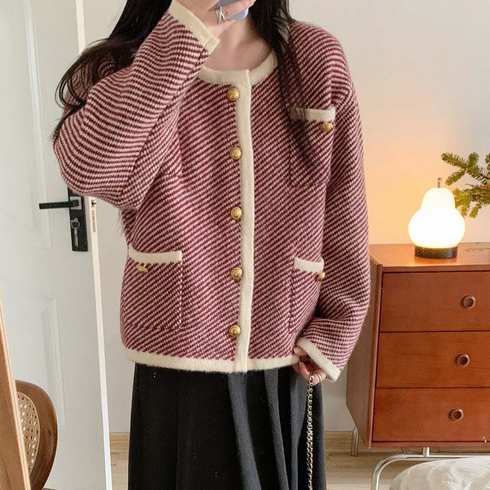 Sweater Coat French Advanced Contrast Color Knitted Cardigan ARZ