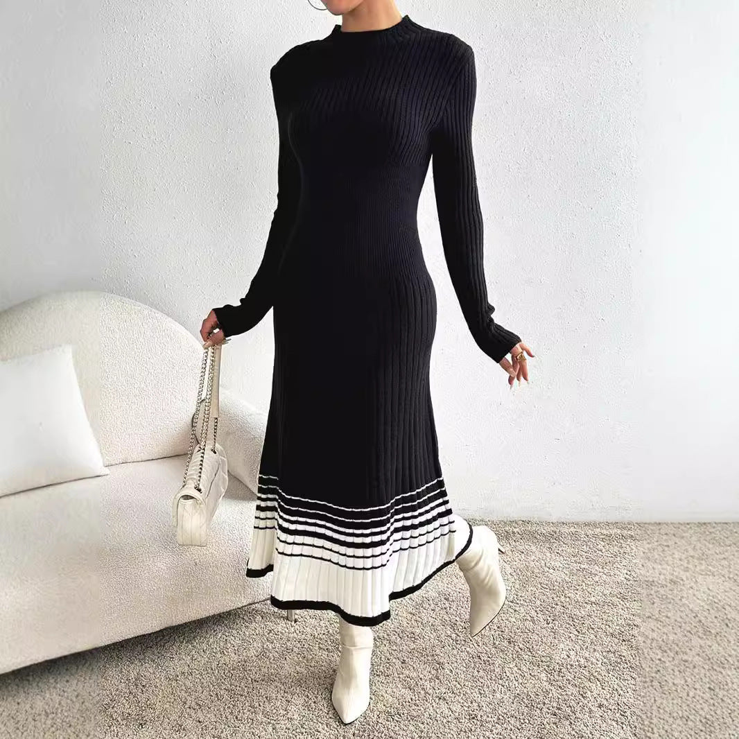 Women's Woolen Skirt Black And White Stripes Dress ARZ