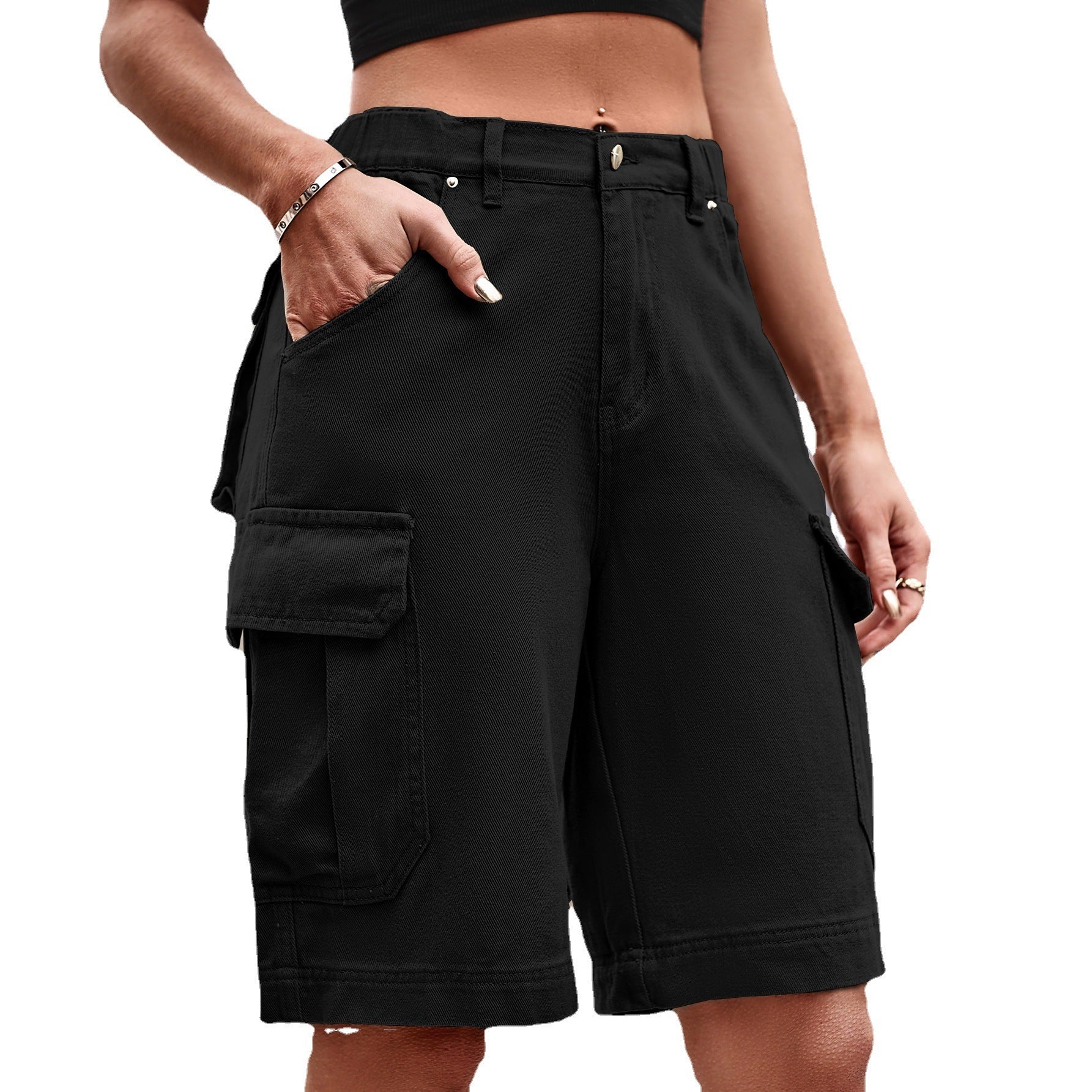 Summer Women's Elastic Waist Denim Cargo Pants Shorts ARZ