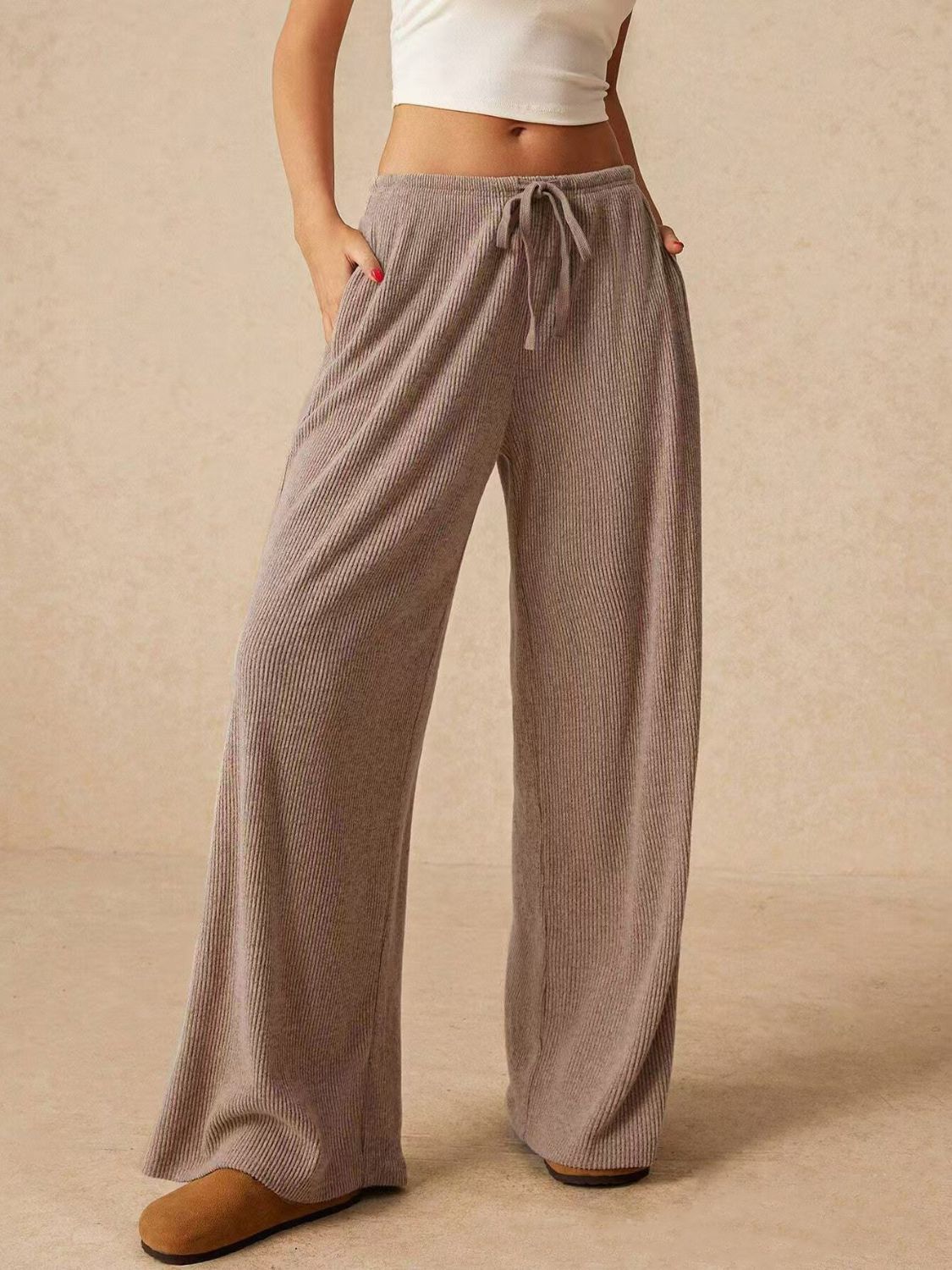 Stylish Drawstring Trousers - Ribbed Wide Leg Pants Trendsi