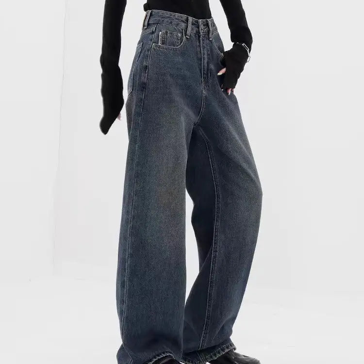 Retro Dark Blue Wide Leg Jeans Baggy Straight Trousers ARZ