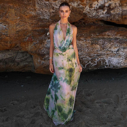 2pcs Tie Dye Printing Deep V-neck Suits Fashion Halter Backless Long Dresses For Beach Party Womens Clothing ARZ