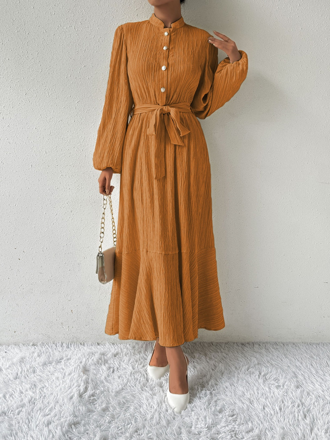 Honey Tie Waist Long Sleeve Dress Trendsi