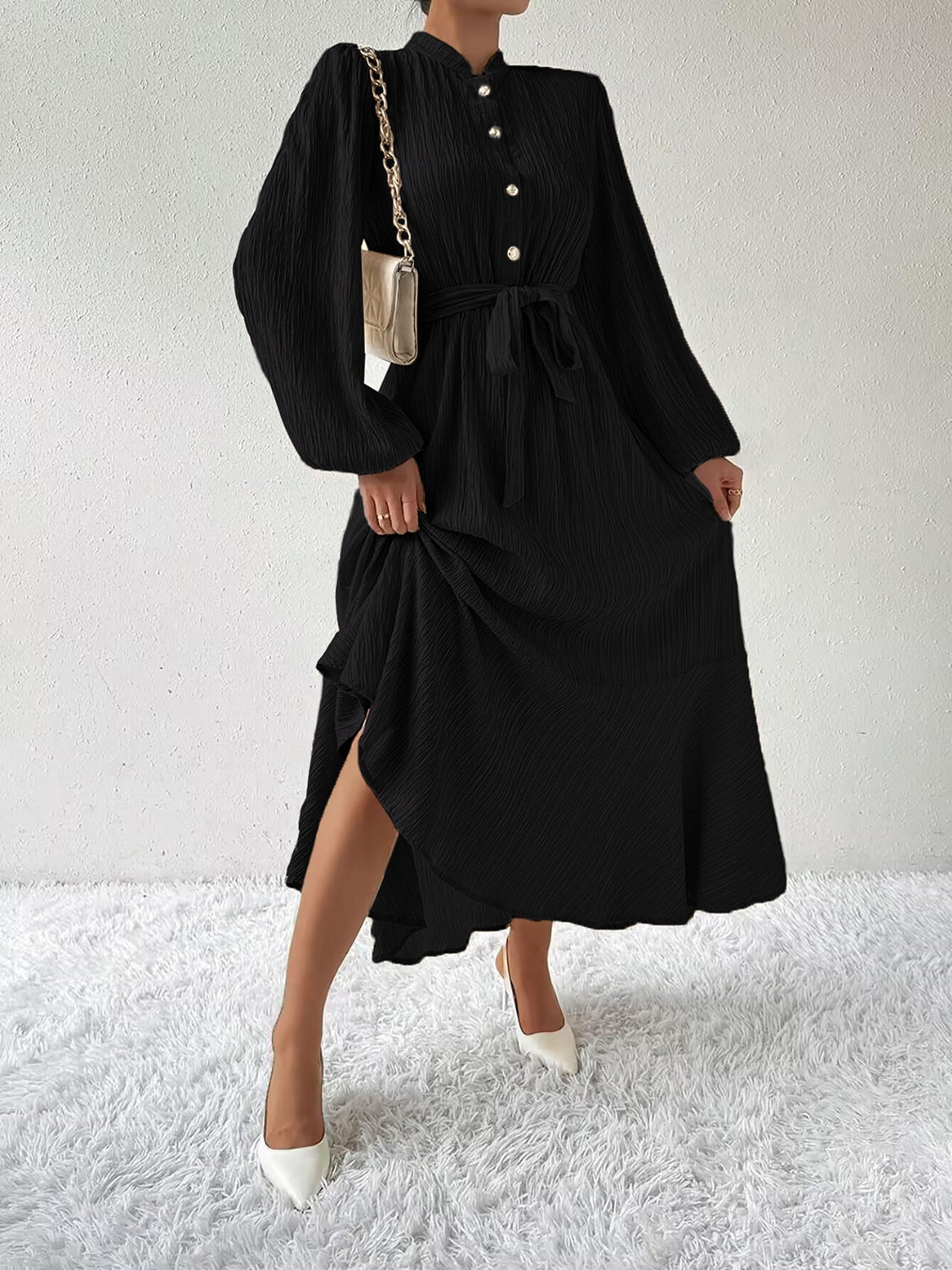 Honey Tie Waist Long Sleeve Dress Trendsi