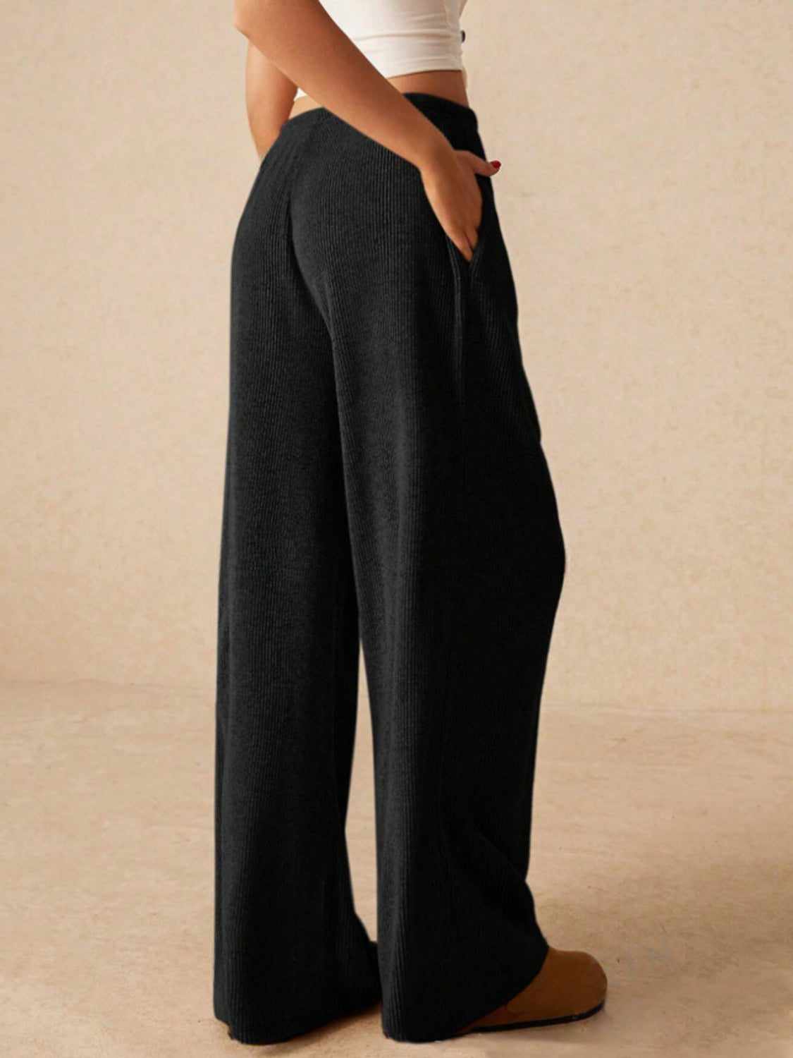 Stylish Drawstring Trousers - Ribbed Wide Leg Pants Trendsi