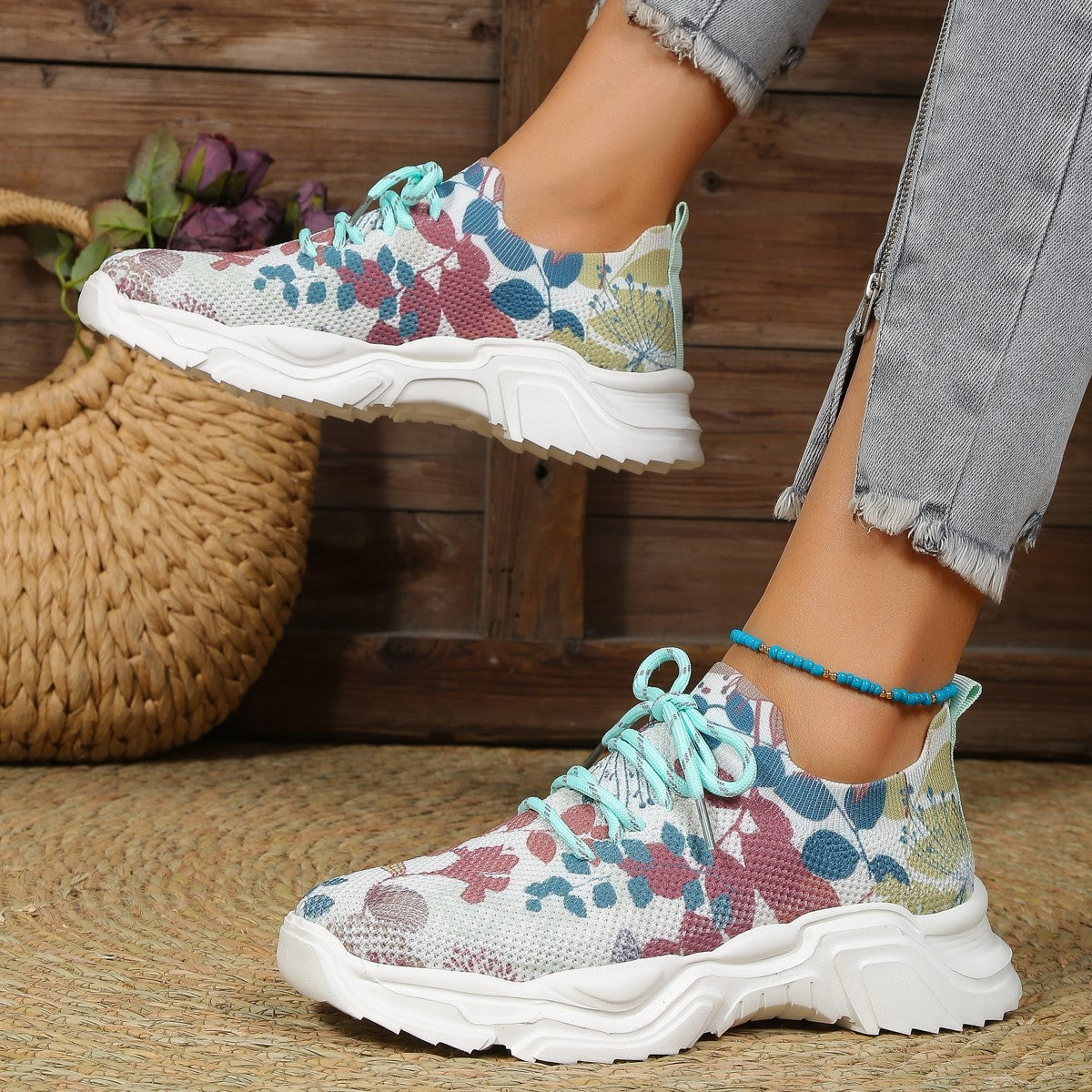 Flyknit Casual New Running 3D Printed Flowers Slip-on Light Running Shoes ARZ