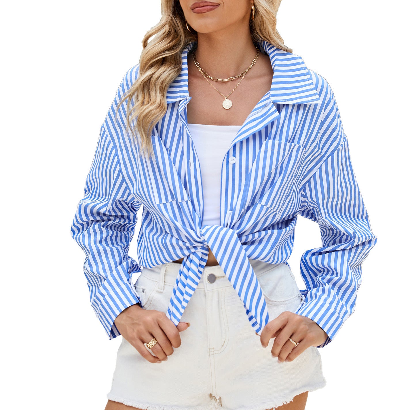 Fashion Striped Long Sleeve Shirt With Pockets Casual Loose Single-breasted Button Top Women Clothing ARZ