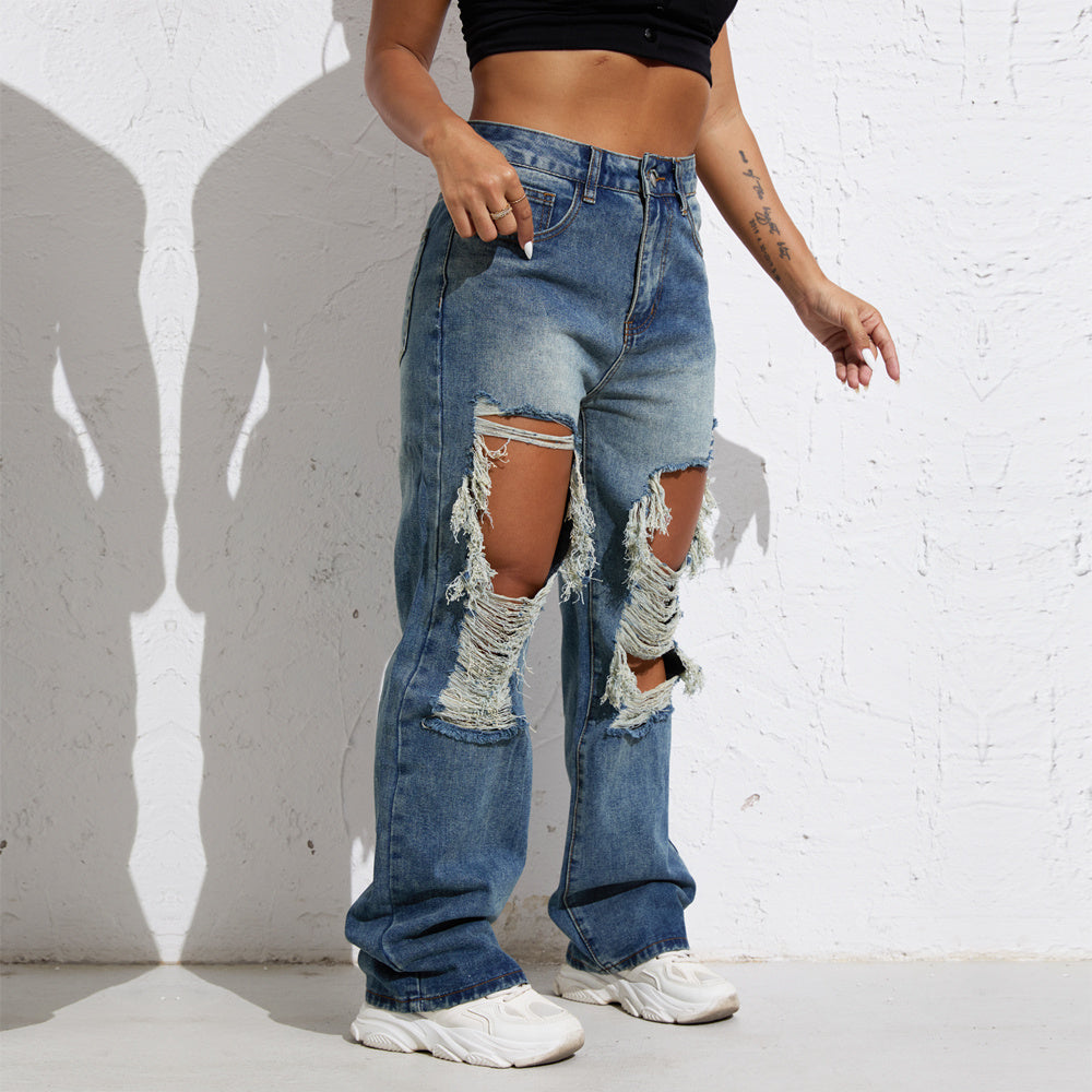 Shascullfites Melody Blue Wash Ripped Retro Stright Leg Jeans Women's Pants Denim Pants Jeans Wide Streetwear ARZ