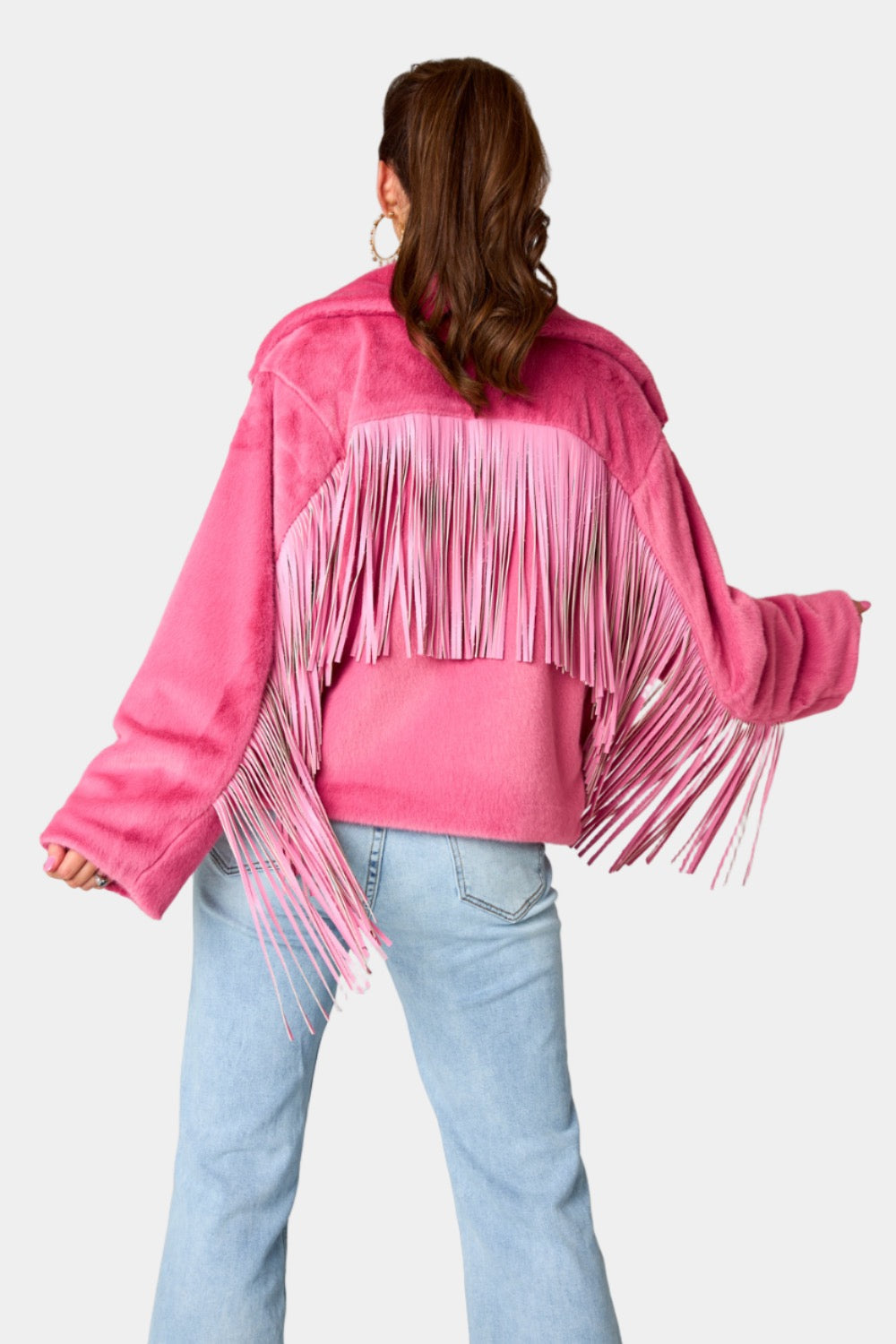 Fringed Zip Up Fleece Jacket Trendsi