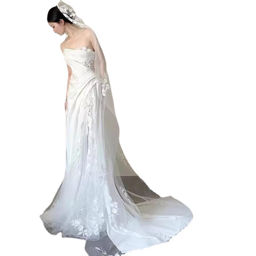 Satin Lace Wedding Veil Tube Top Fishtail Wedding Dress ARZ