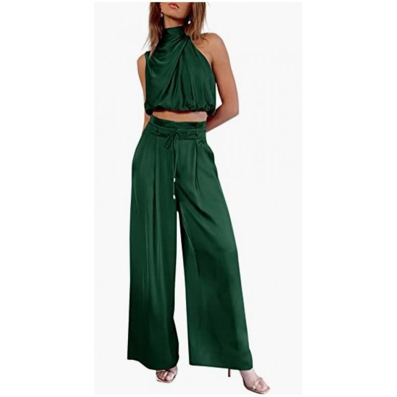 Summer Suits Casual Sleeveless Midriff-baring Top And Wide Leg Pants 2pcs Set Womens Clothing ARZ